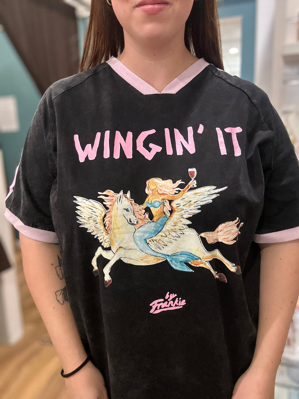 Wingin' It Tee in Black/Pink, oversized fit with contrast collar and sleeve trim - side view