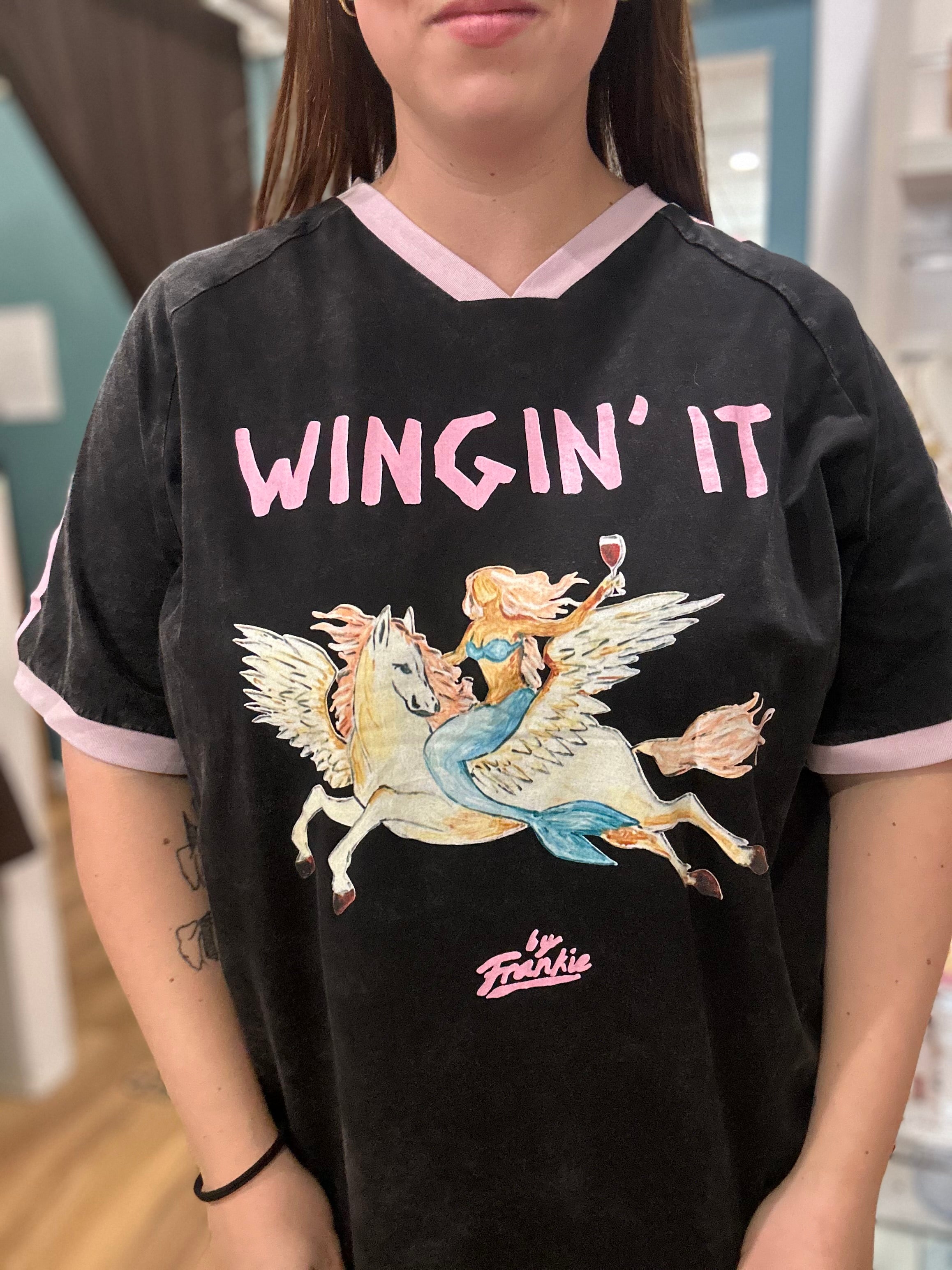 Wingin' It Tee in Black/Pink, oversized fit with contrast collar and sleeve trim - side view