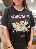 Wingin' It Tee in Black/Pink with Pegasus and mermaid graphic - front view