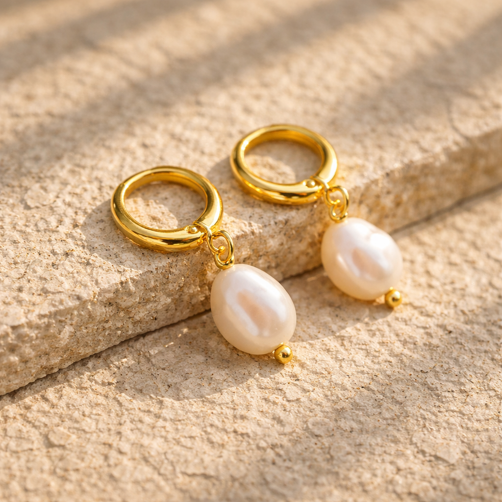 Haven Fresh Water Pearl Stainless Steel Gold Earrings