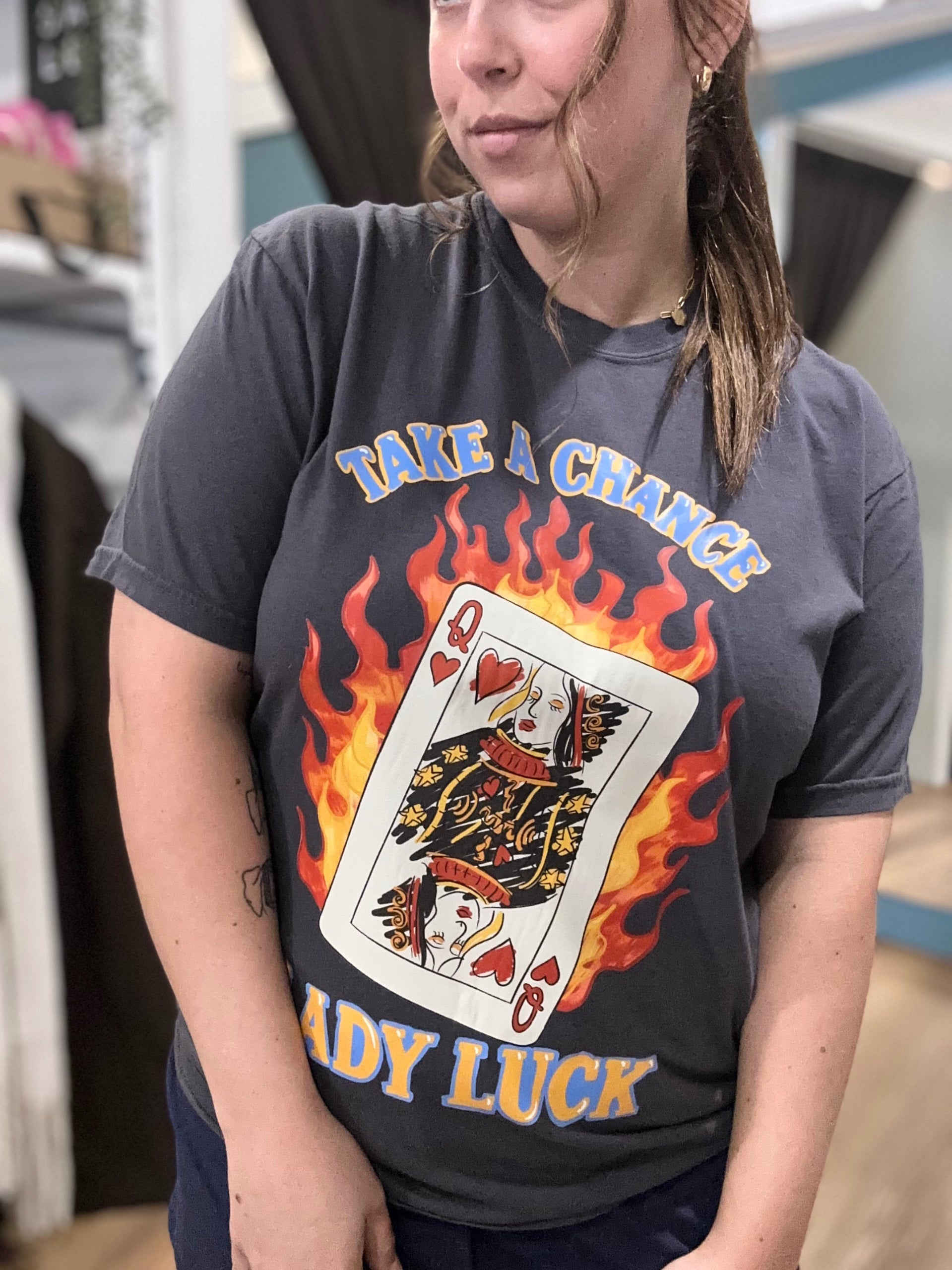 Salt & Tide Co Lady Luck Charcoal Graphic Tee styled shot