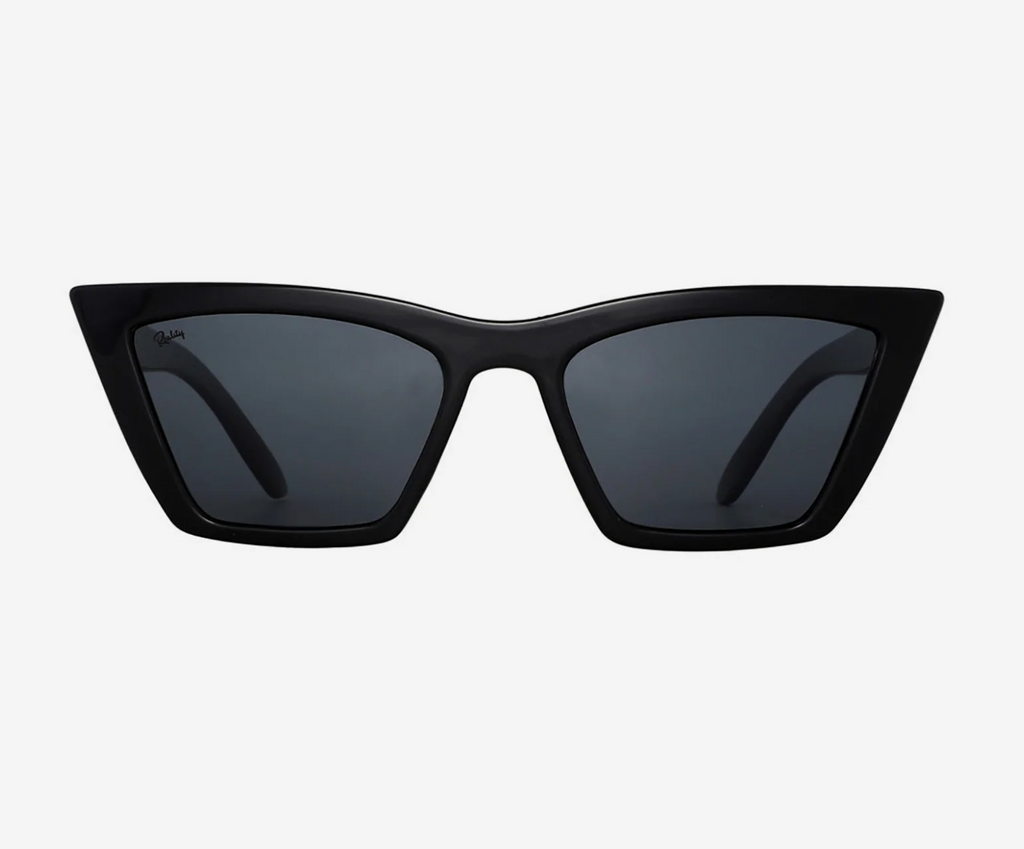 Lizette angular sunglasses in black, recycled frame by Reality Eyewear