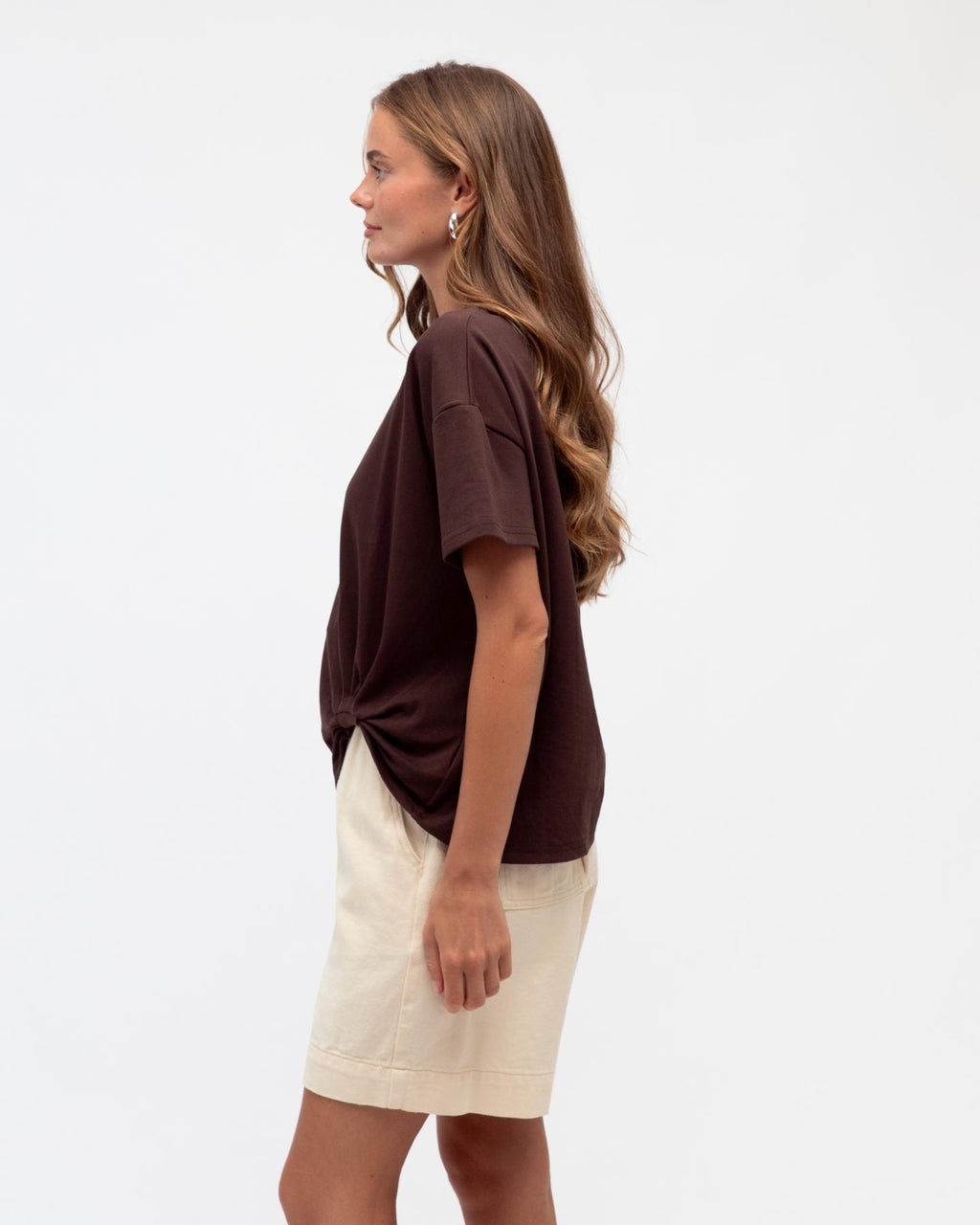 Easy Tuck Tee in Chocolate, brown short sleeve tee with round neckline and tuck detail, image 2