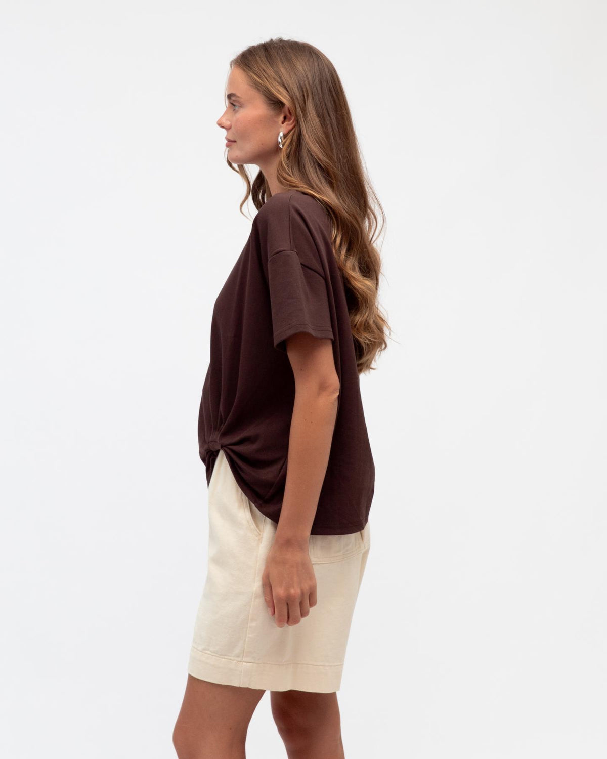 Easy Tuck Tee in Chocolate, brown short sleeve tee with round neckline and tuck detail, image 2