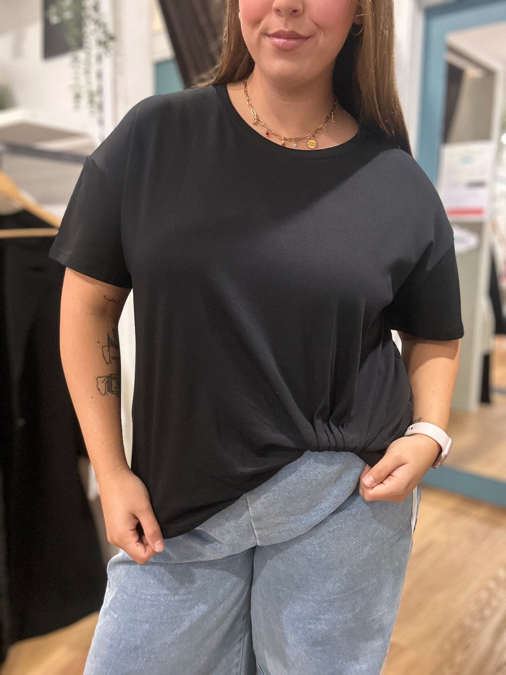 Easy Tuck Tee in Black, relaxed women's cotton blend tee with gathered tuck hem by Label Of Love, image 1