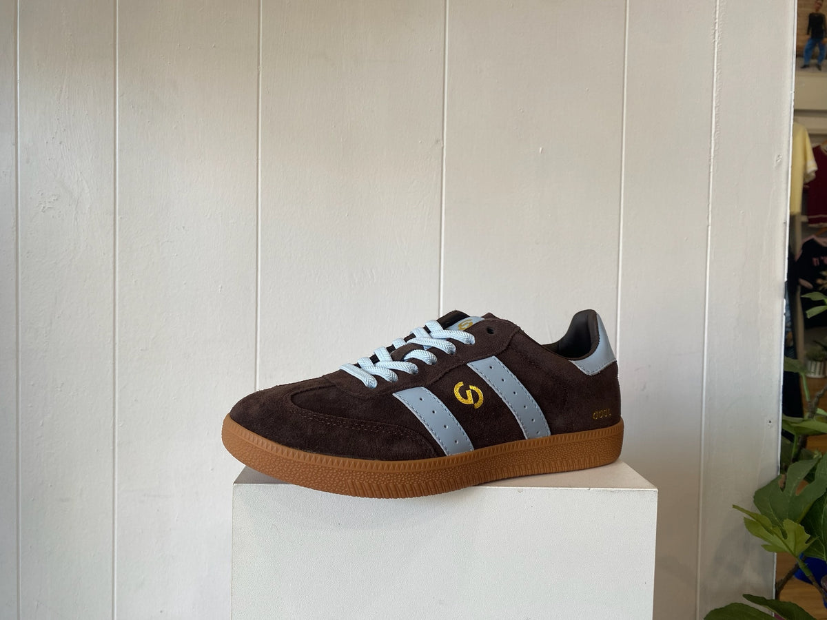 Goodsole 2001 Parallel sneaker in Espresso and Baby Blue, espresso suede women's sneaker with baby blue overlay and brown sole, image 2