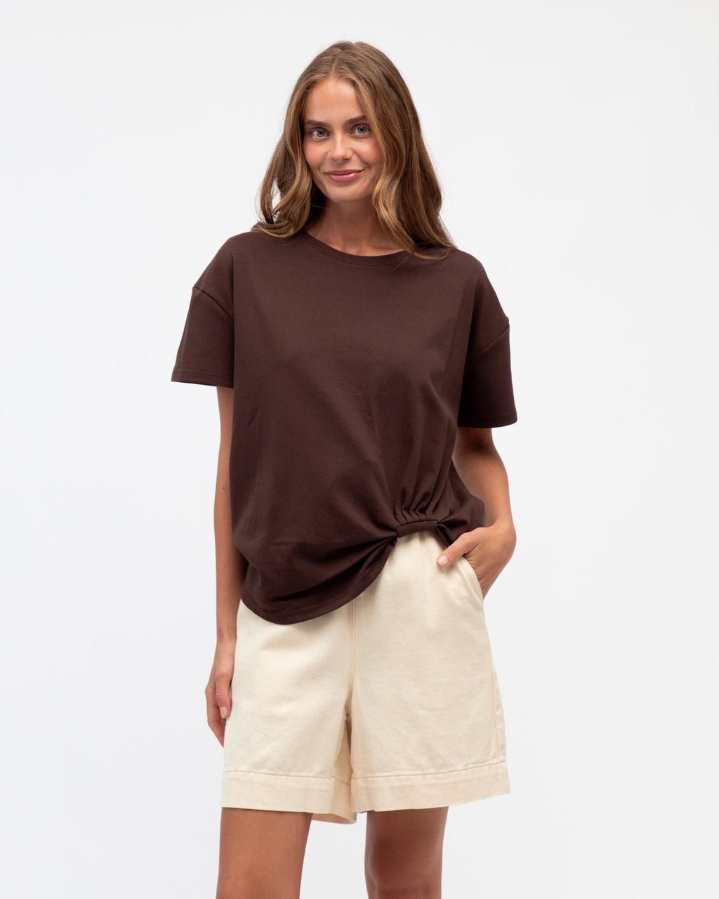 Easy Tuck Tee in Chocolate, a relaxed women's cotton blend tee with a gathered tuck hem by Label Of Love, image 1