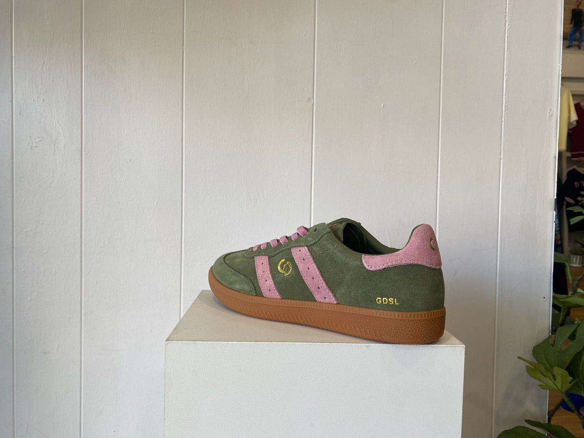 Sage green and pink suede leather sneaker, top-down view showing sole and stitching