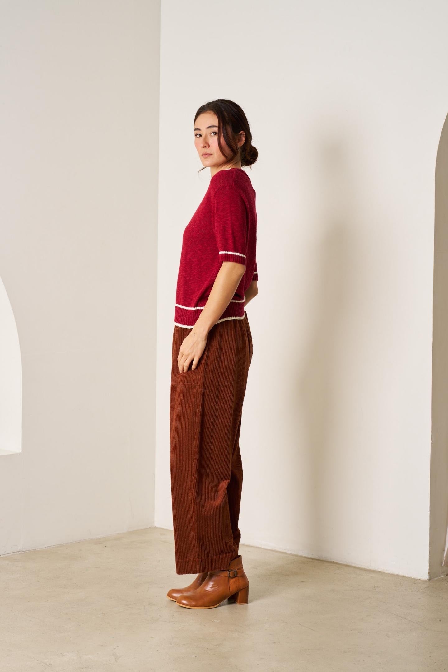 Nora Knit styled with tailored trousers - back view