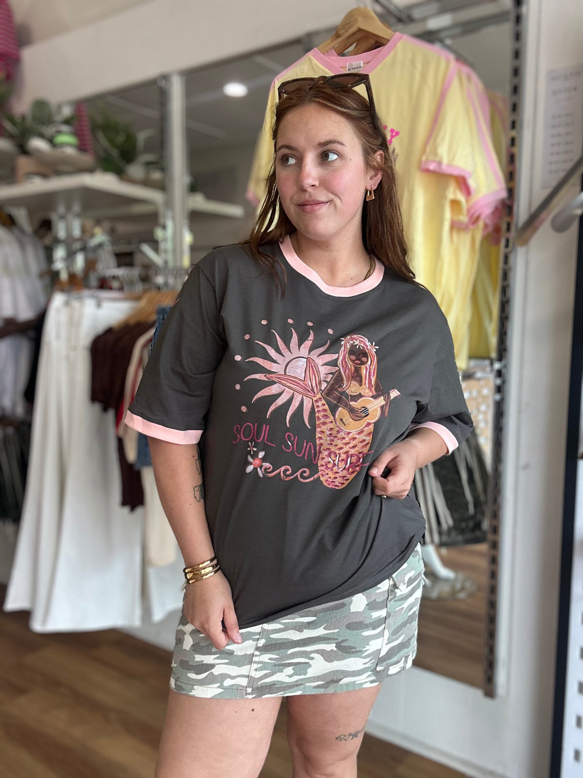 Soul Sun Surf charcoal tee with a mermaid playing ukulele under the sun graphic