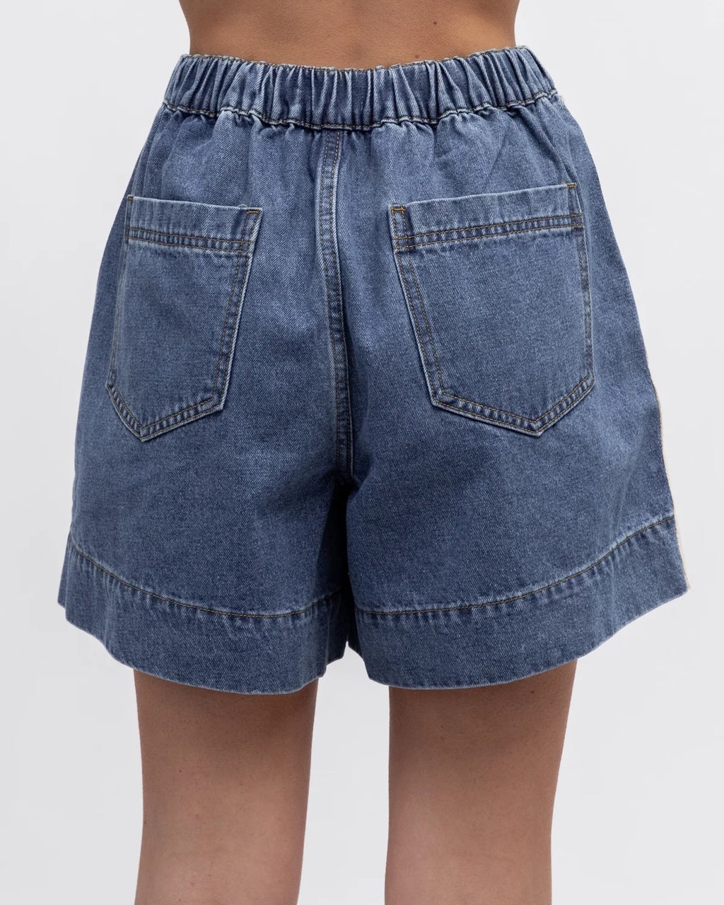 Marina denim shorts in mid wash with contrast side stripe, high waisted shorts