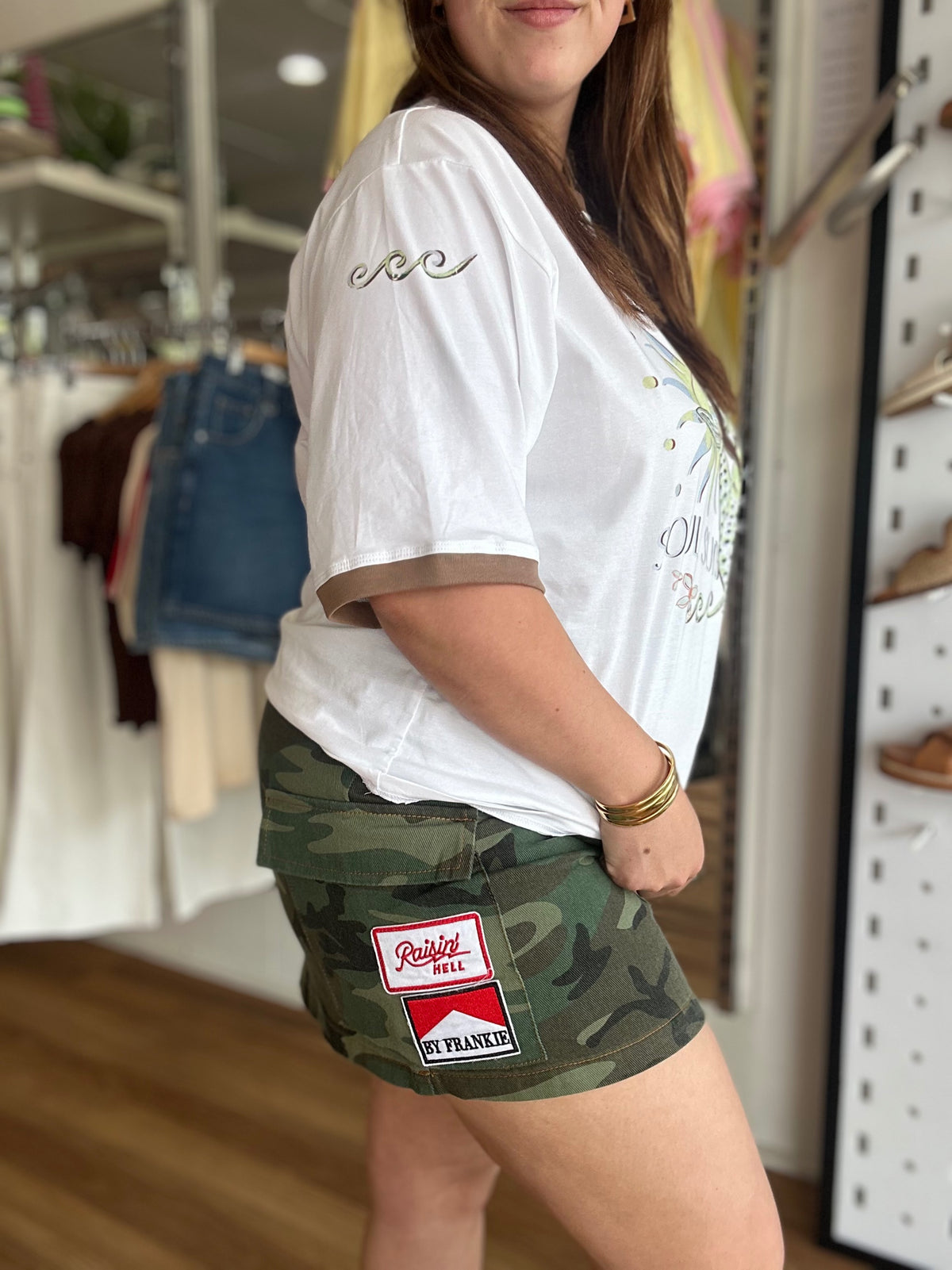 Another look at the By Frankie Raisin' Hell cargo skirt in dark camo