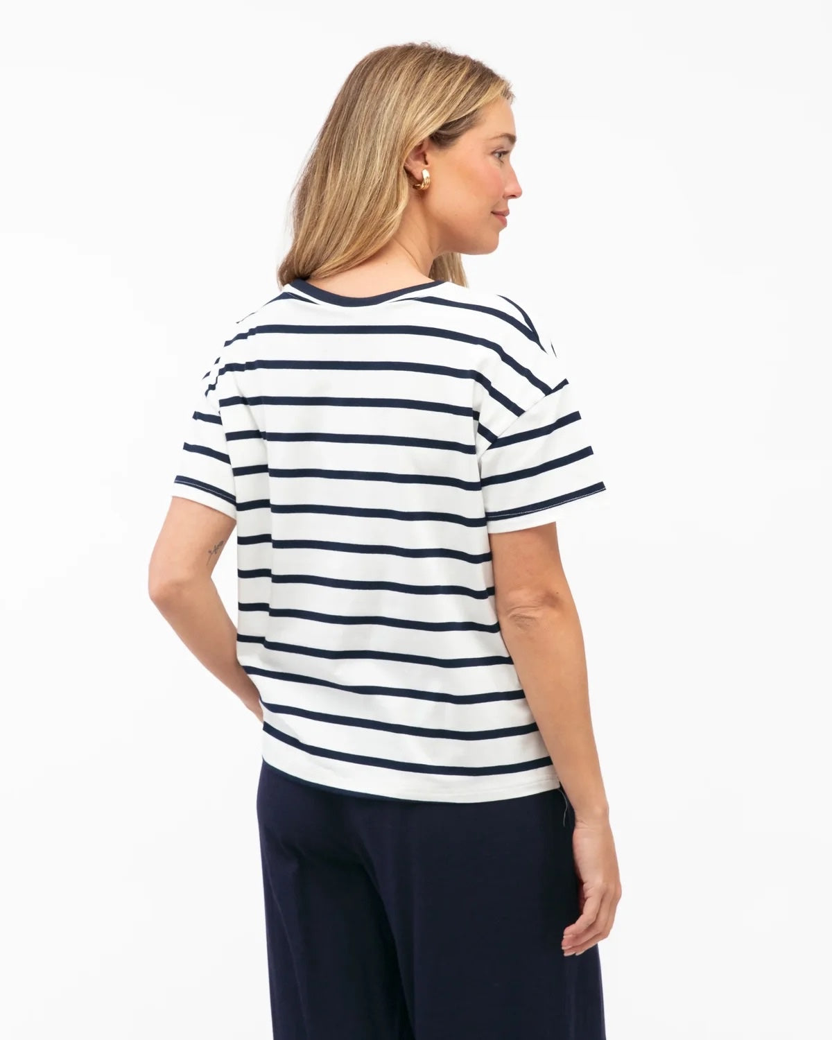 Easy Tuck Tee in white and navy stripe, relaxed cotton elastane tee