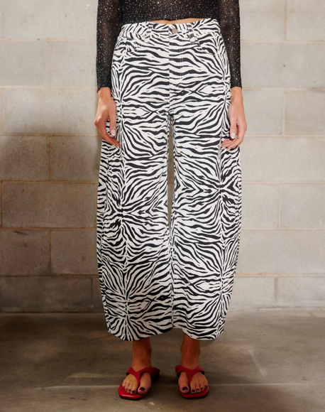 Rio Zebra Barrel Jeans in black and white zebra print, women's high rise cropped barrel jeans