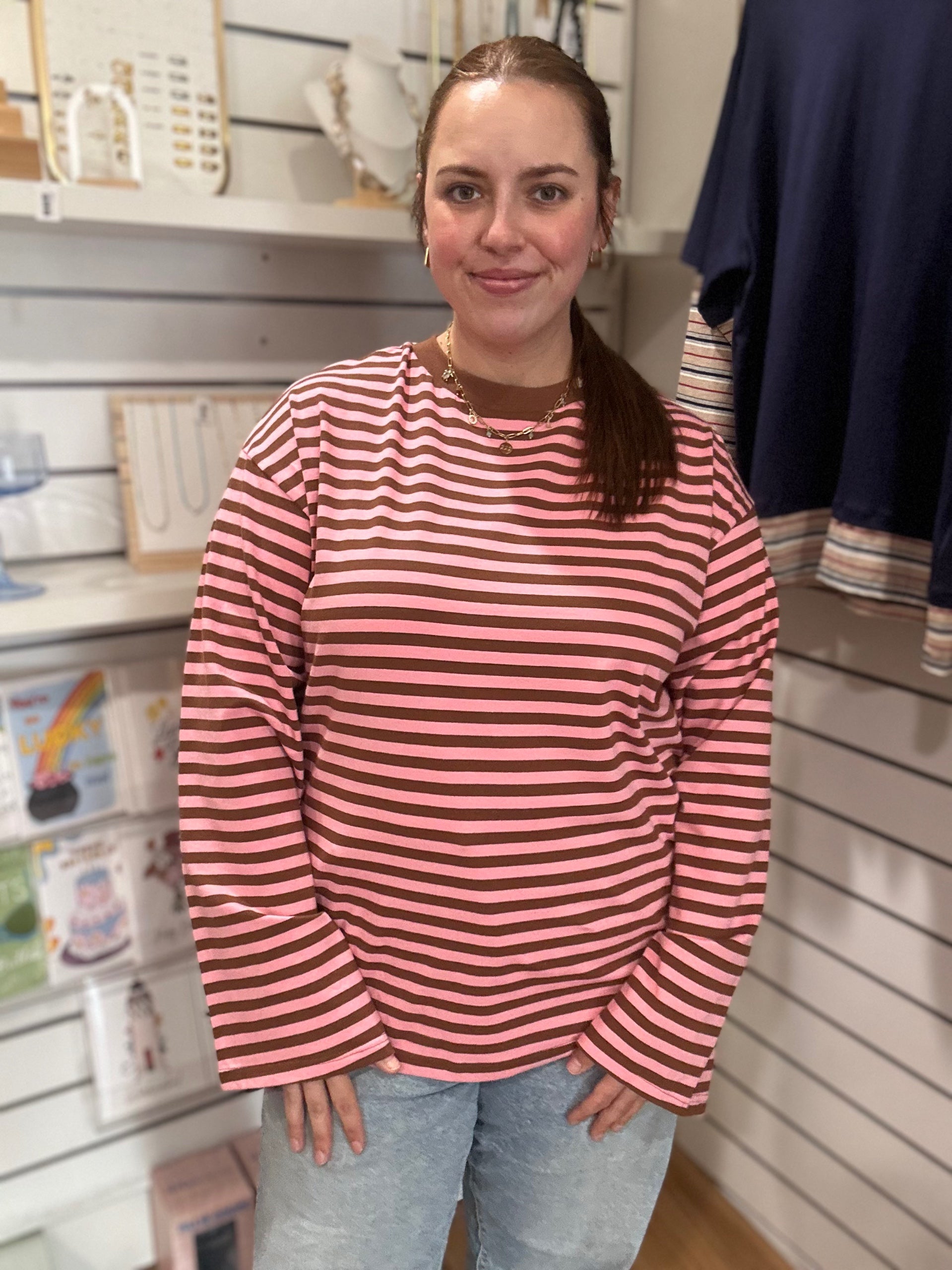 Mocha Stripe Top in pink and coffee stripe, front view