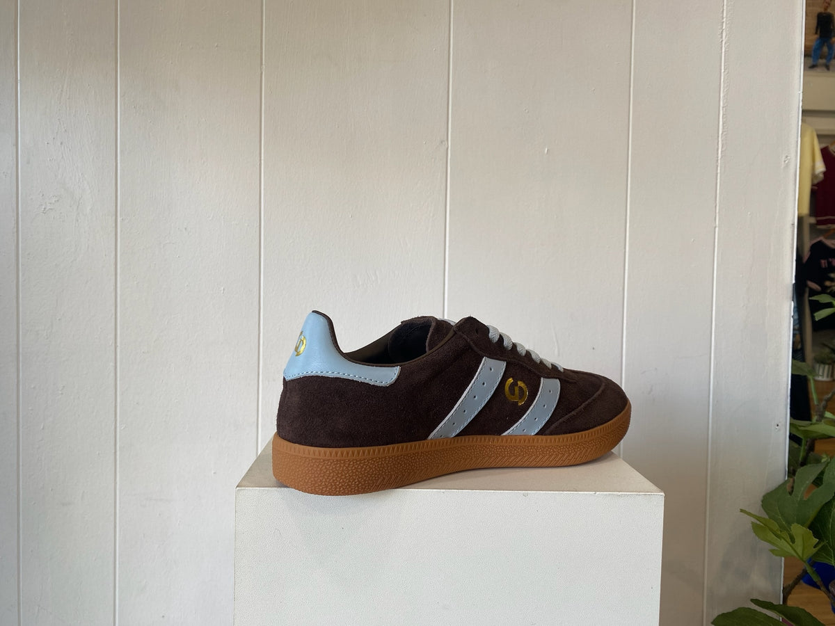 Goodsole 2001 Parallel sneaker in Espresso and Baby Blue, espresso suede women's sneaker with baby blue overlay and brown sole, image 3