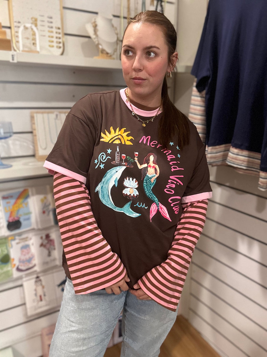 Mermaid Vino Club Graphic Tee, close-up of contrast pink ringer neckline