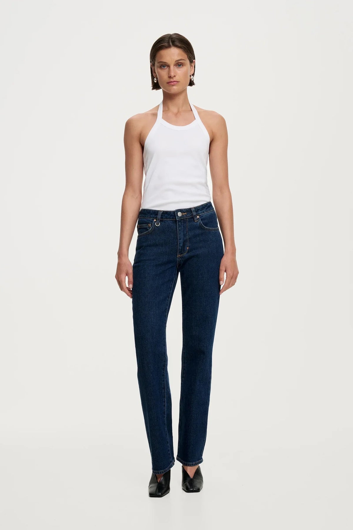NEUW Freja Straight Jean in Brooding, a dark vintage indigo mid rise stovepipe jean with a full length straight leg