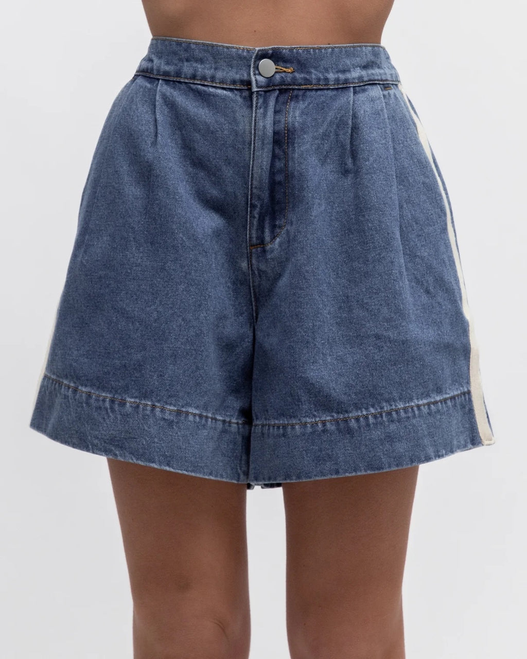 Marina denim shorts in mid wash with contrast side stripe, high waisted shorts