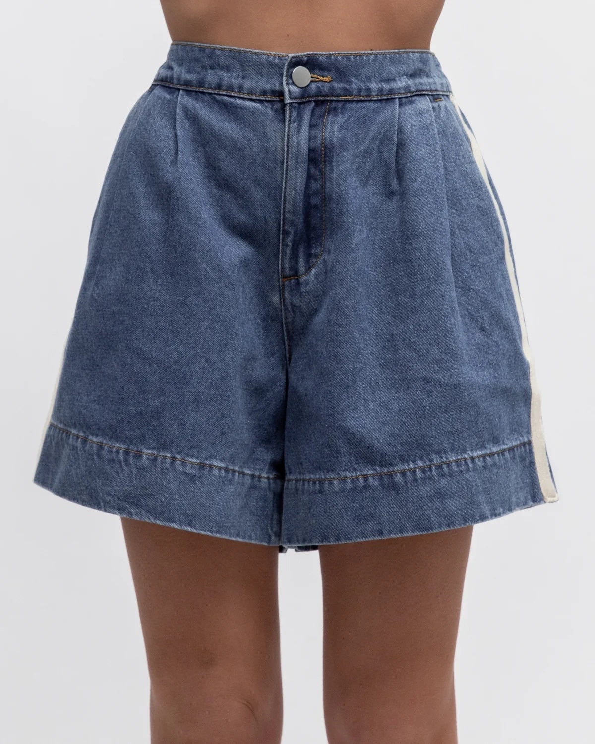 Marina denim shorts in mid wash with contrast side stripe, high waisted shorts