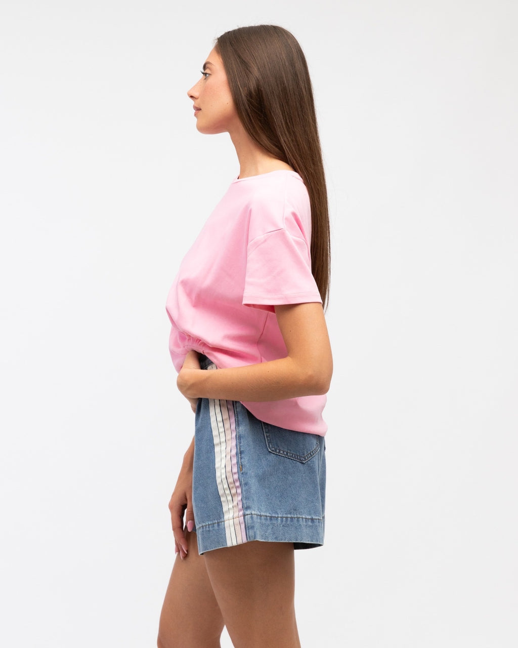 Blush pink Easy Tuck Tee, soft cotton blend everyday tee with round neckline and tuck detail, alternate view