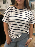 Easy Tuck Tee in white and navy stripe, relaxed cotton elastane tee