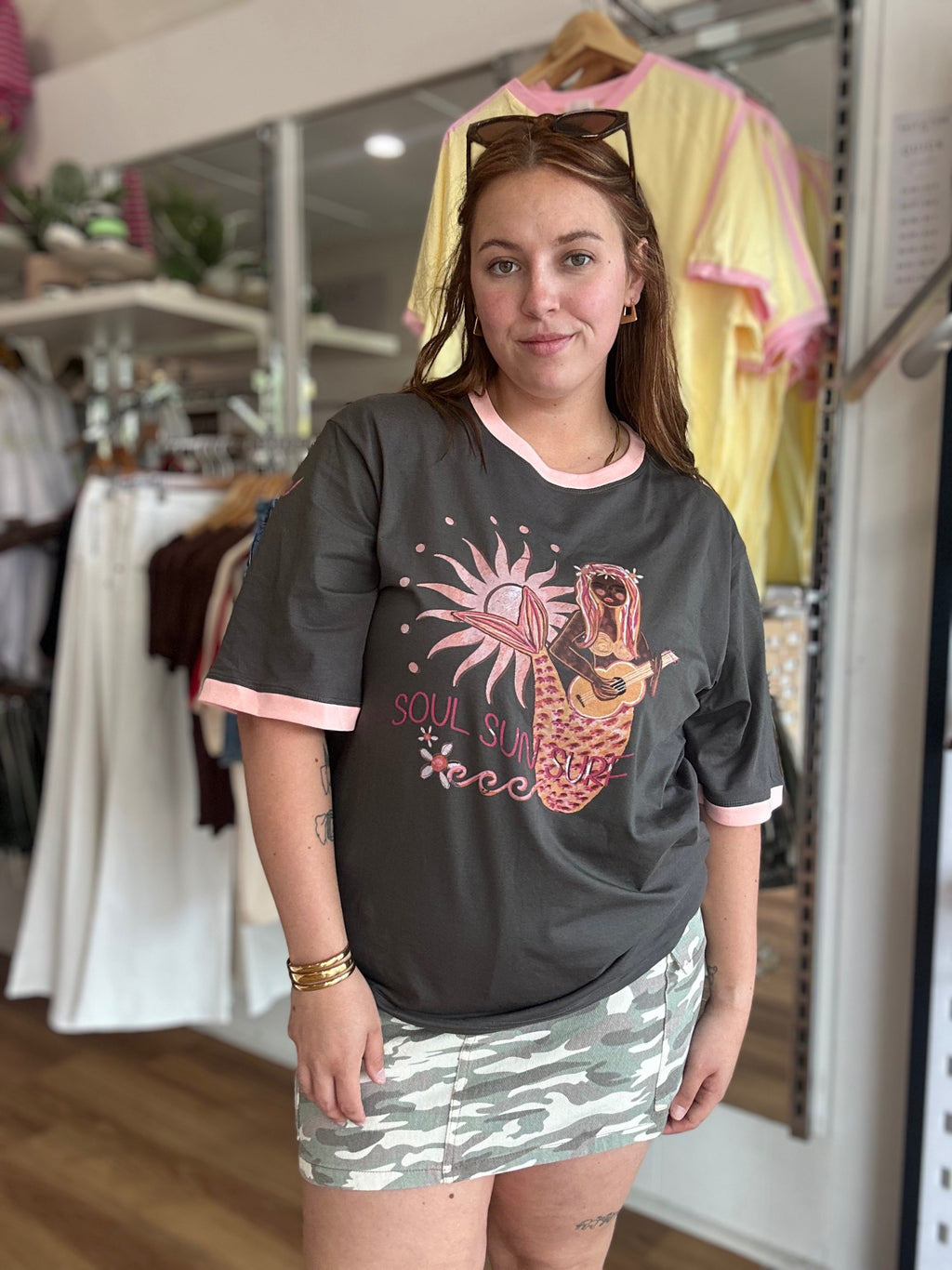 Another look at the Coco Cartel Soul Sun Surf ringer tee in washed charcoal
