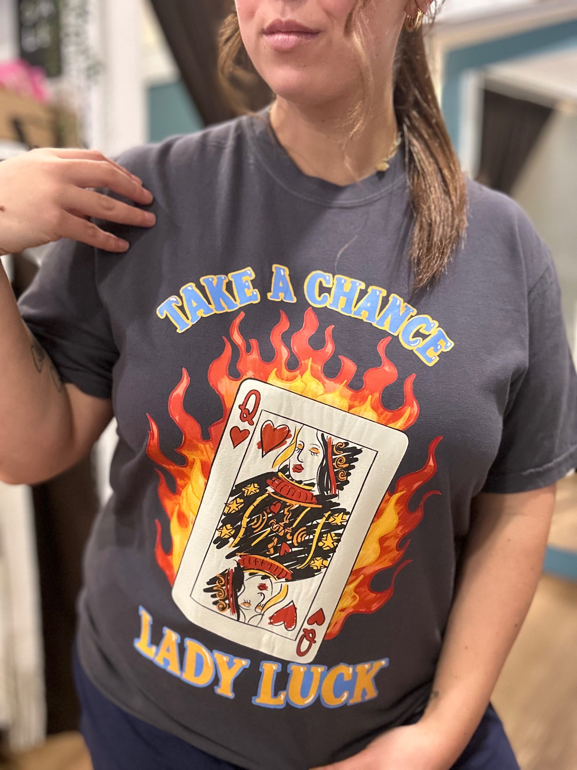 Salt & Tide Co Lady Luck Charcoal Graphic Tee with flaming Queen of Hearts and 'Take A Chance' text print, front view