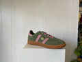 Goodsole 2001 Parallel sneaker in sage green suede with pink overlay, side profile view