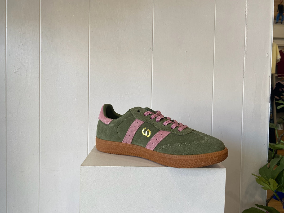 Goodsole 2001 Parallel sneaker in sage green suede with pink overlay, side profile view