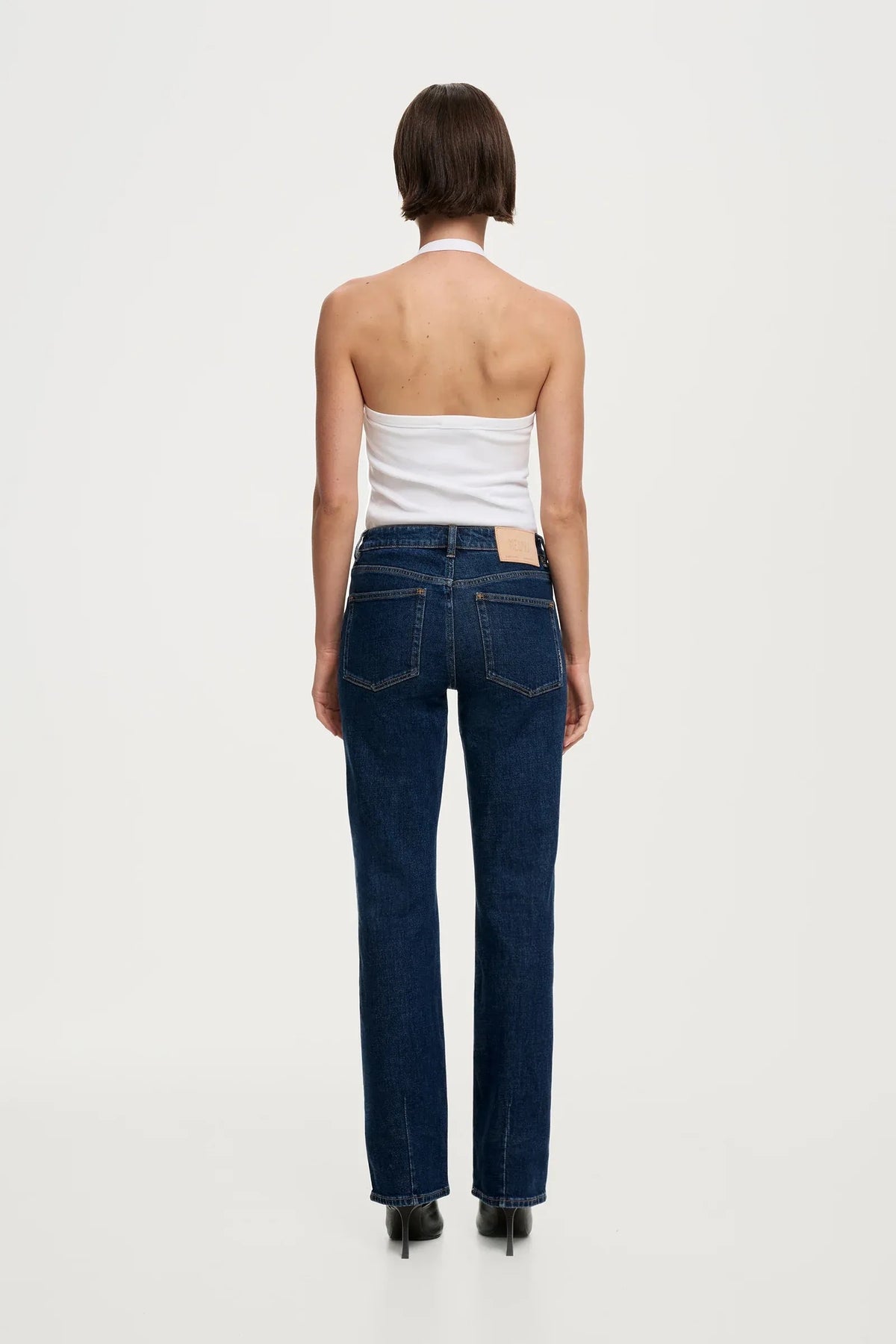 NEUW Freja dark indigo straight leg jean with tobacco contrast stitching and classic five pocket styling