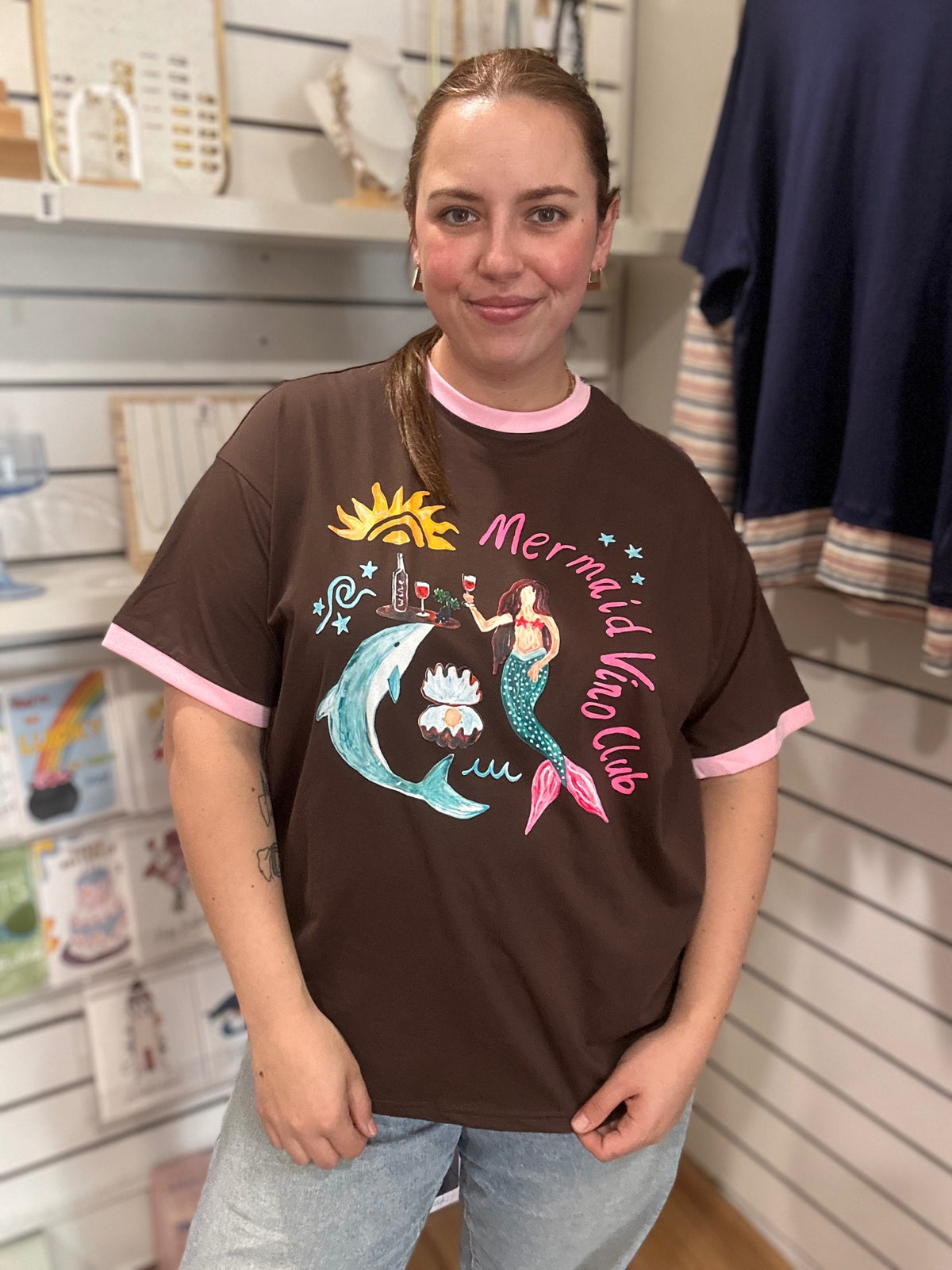 Mermaid Vino Club graphic tee in chocolate brown, oversized cotton tee