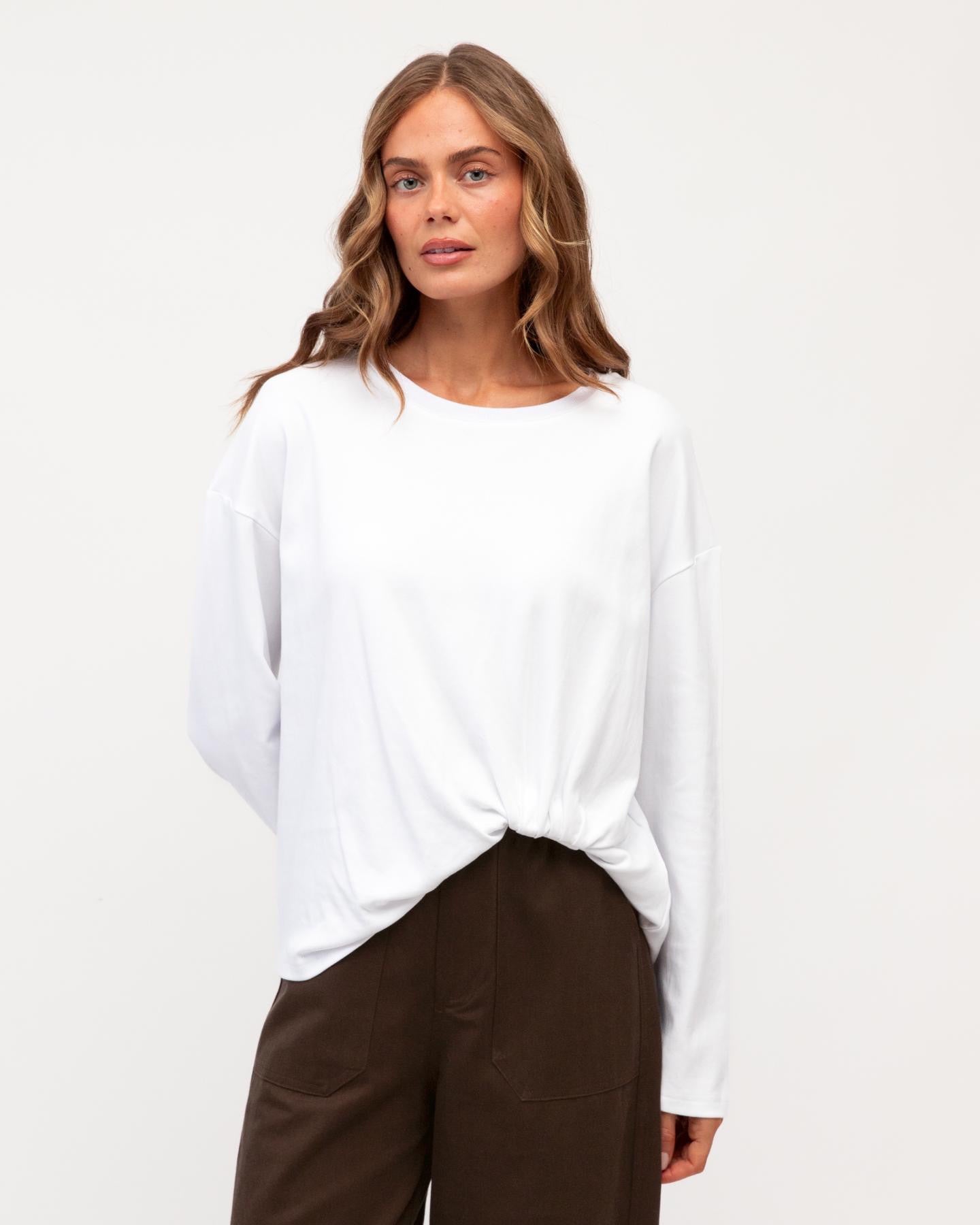 Long Sleeve Tuck Tee White