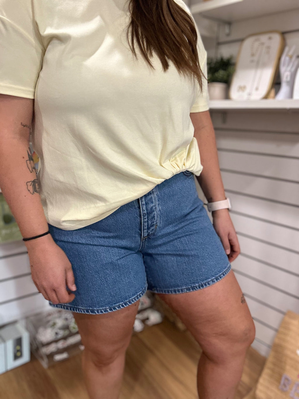 Eva NEUW denim shorts in Florence mid indigo wash, relaxed A-line shorts