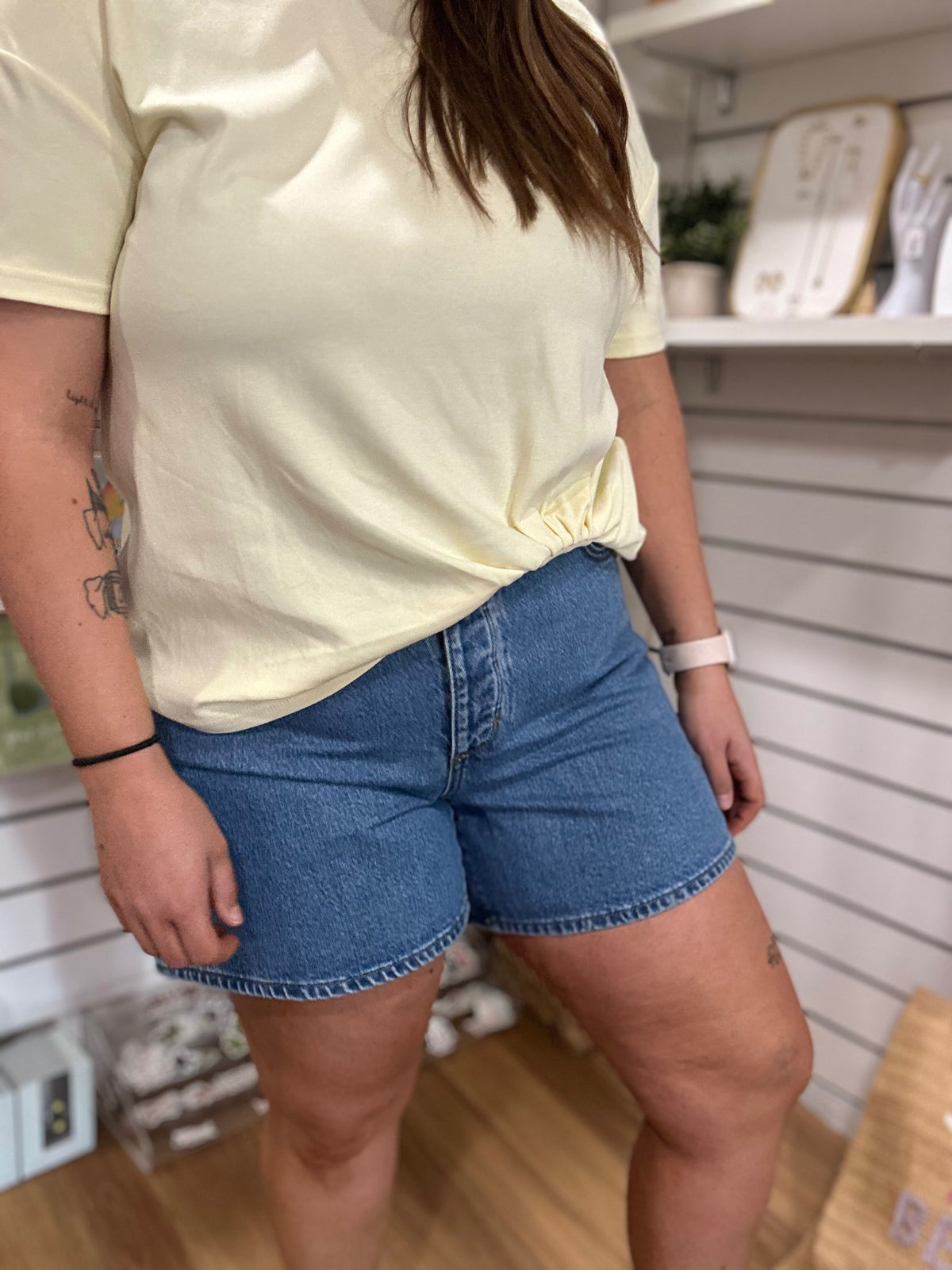 Eva NEUW denim shorts in Florence mid indigo wash, relaxed A-line shorts