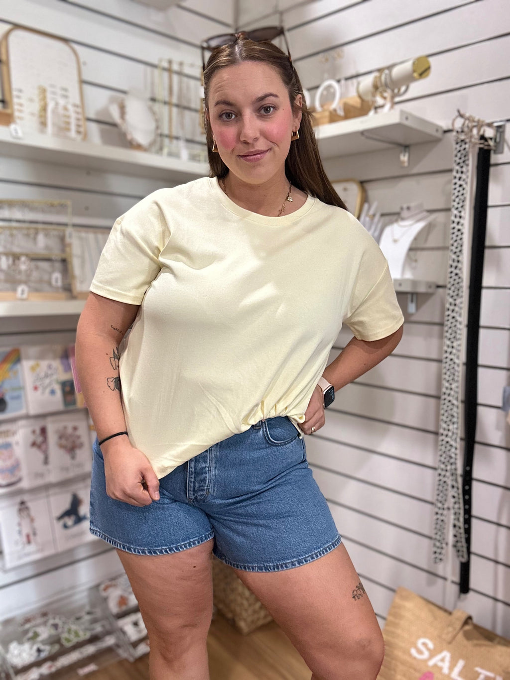Eva NEUW denim shorts in Florence mid indigo wash, relaxed A-line shorts
