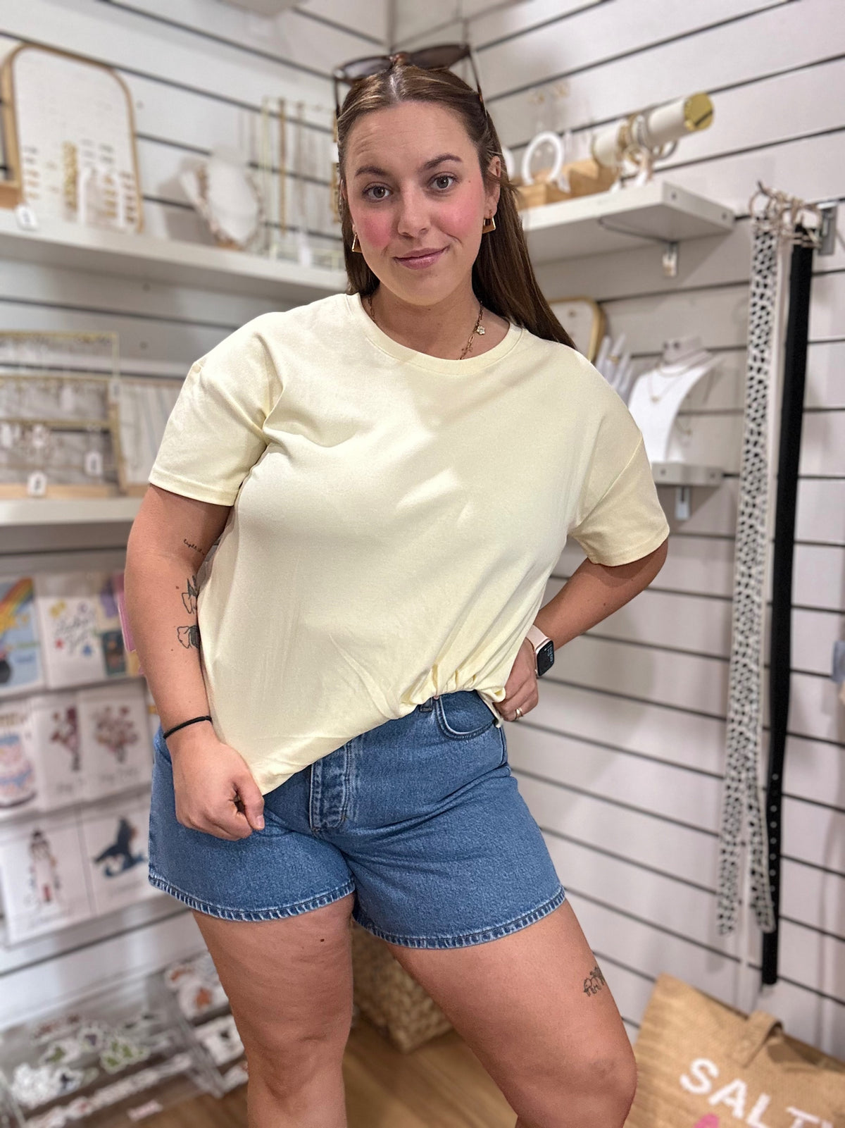 Eva NEUW denim shorts in Florence mid indigo wash, relaxed A-line shorts