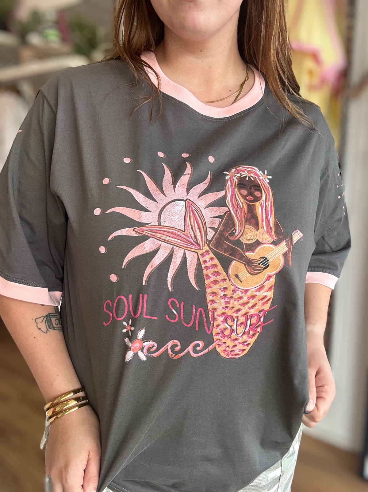 Coco Cartel Soul Sun Surf oversized ringer tee in washed charcoal with peach pink trim
