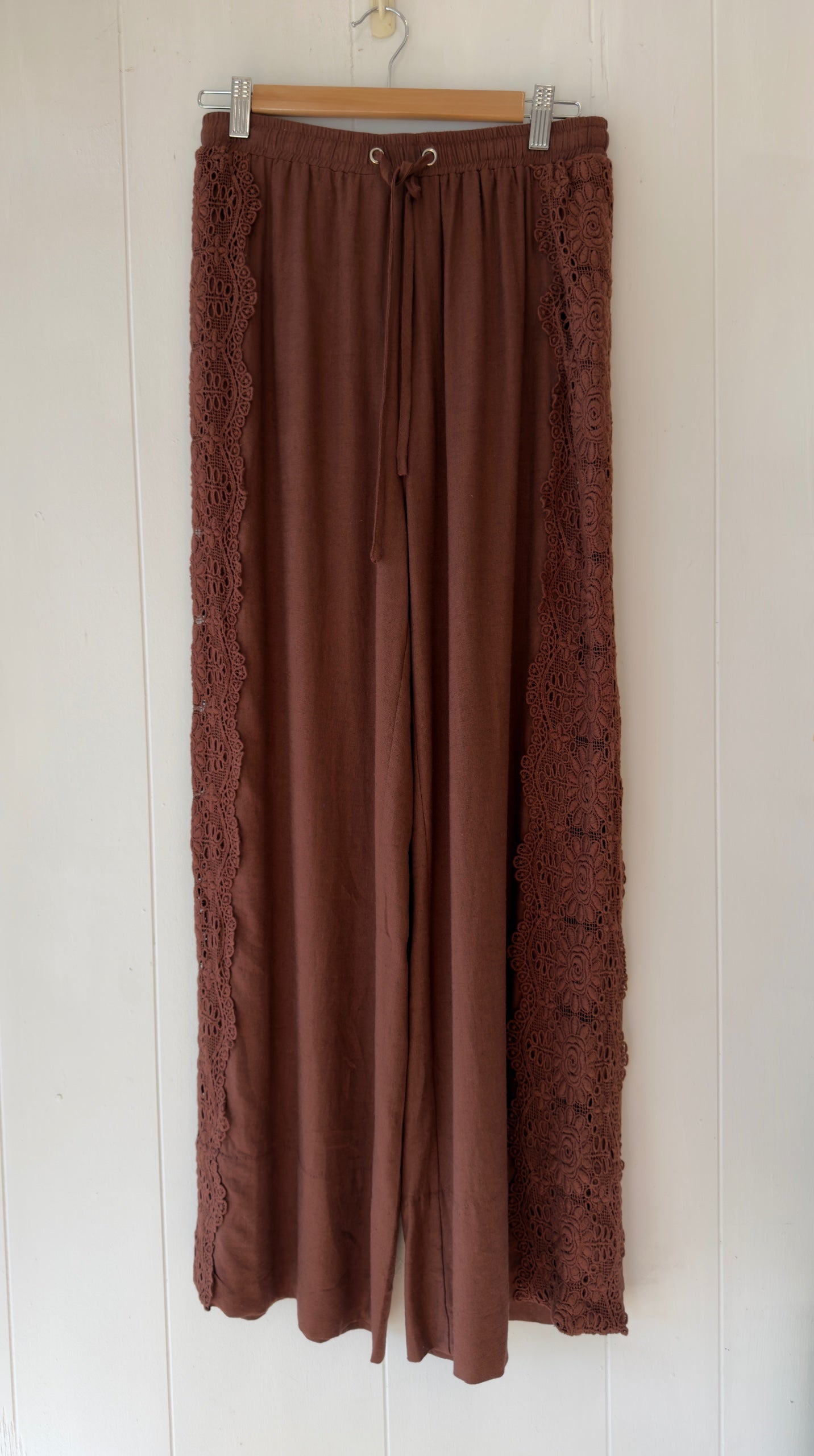 Lace Trim Linen Pants Chocolate