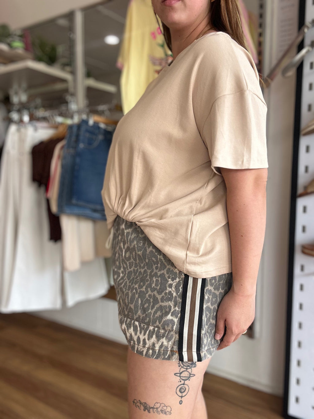 Starlight Leopard Stripe Shorts by By Frankie, women's cotton shorts in neutral leopard print