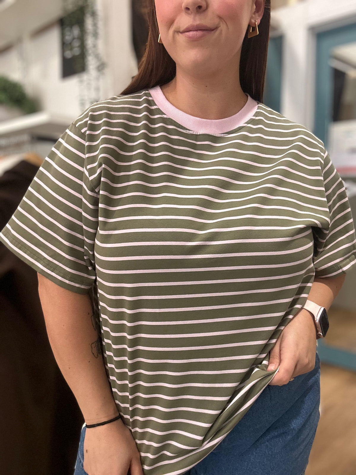 Tilly Stripe Tee Khaki/Pink