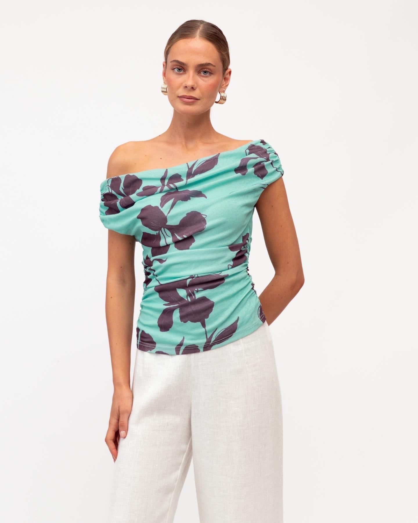 Samantha Top in floral print - front view, off the shoulder neckline