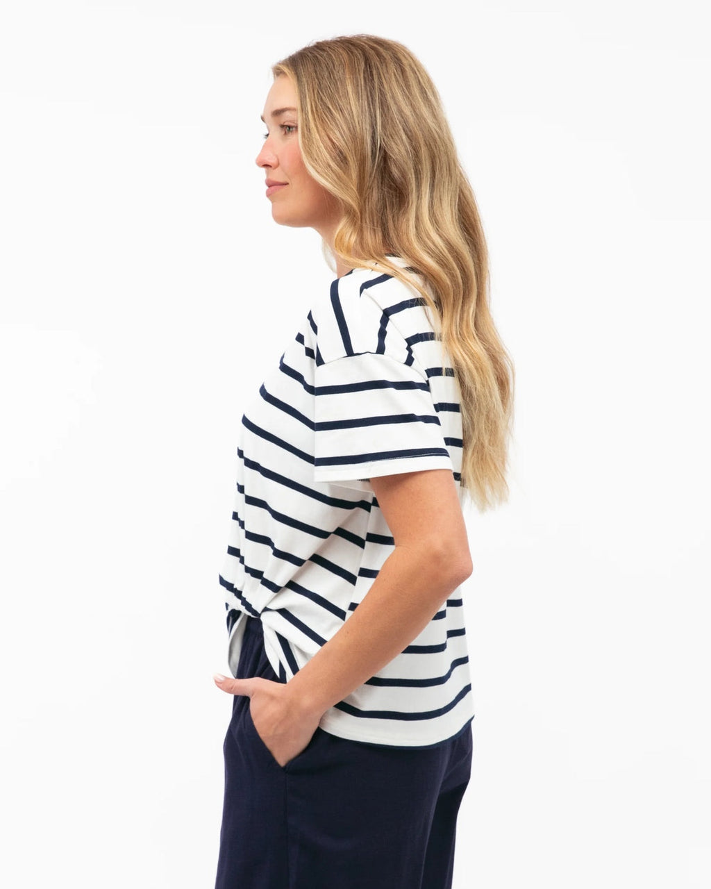 Easy Tuck Tee in white and navy stripe, relaxed cotton elastane tee
