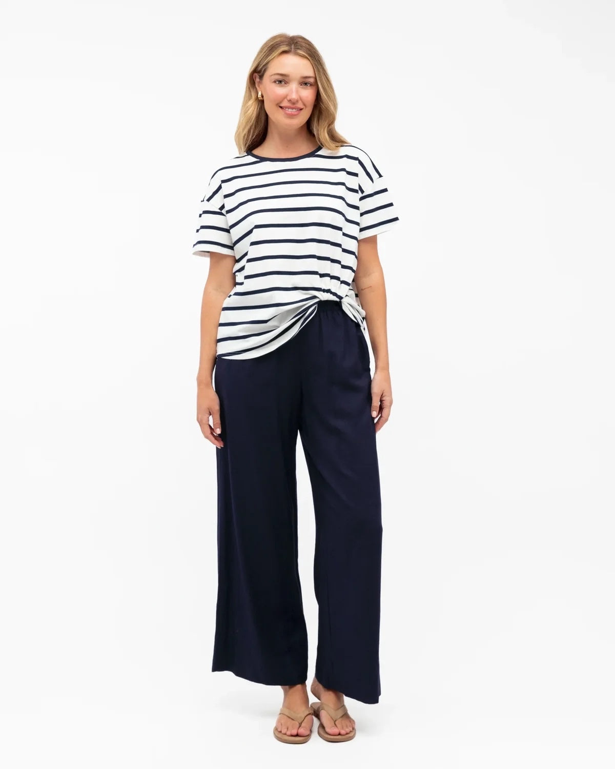 Easy Tuck Tee in white and navy stripe, relaxed cotton elastane tee