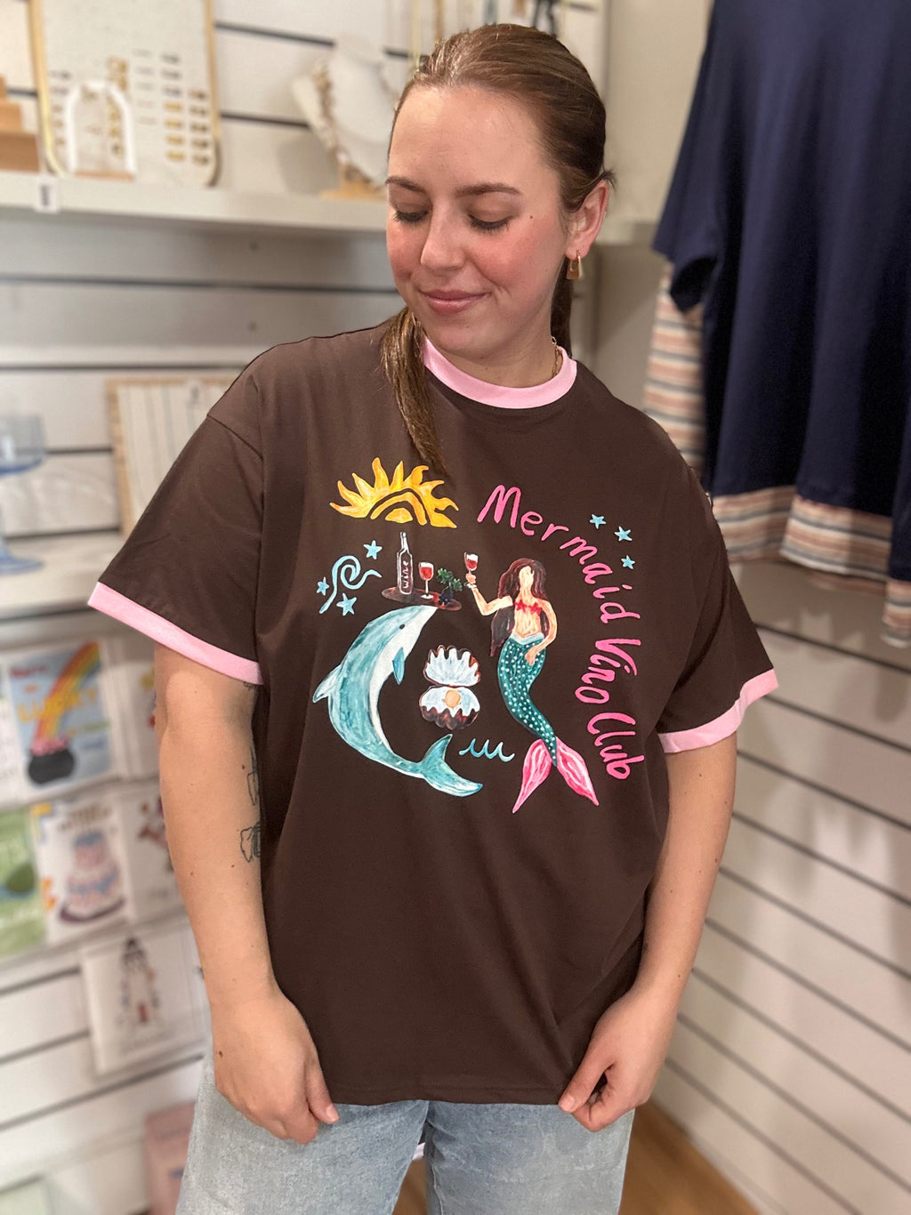 Mermaid Vino Club Graphic Tee in chocolate with hand-drawn mermaid print, front view