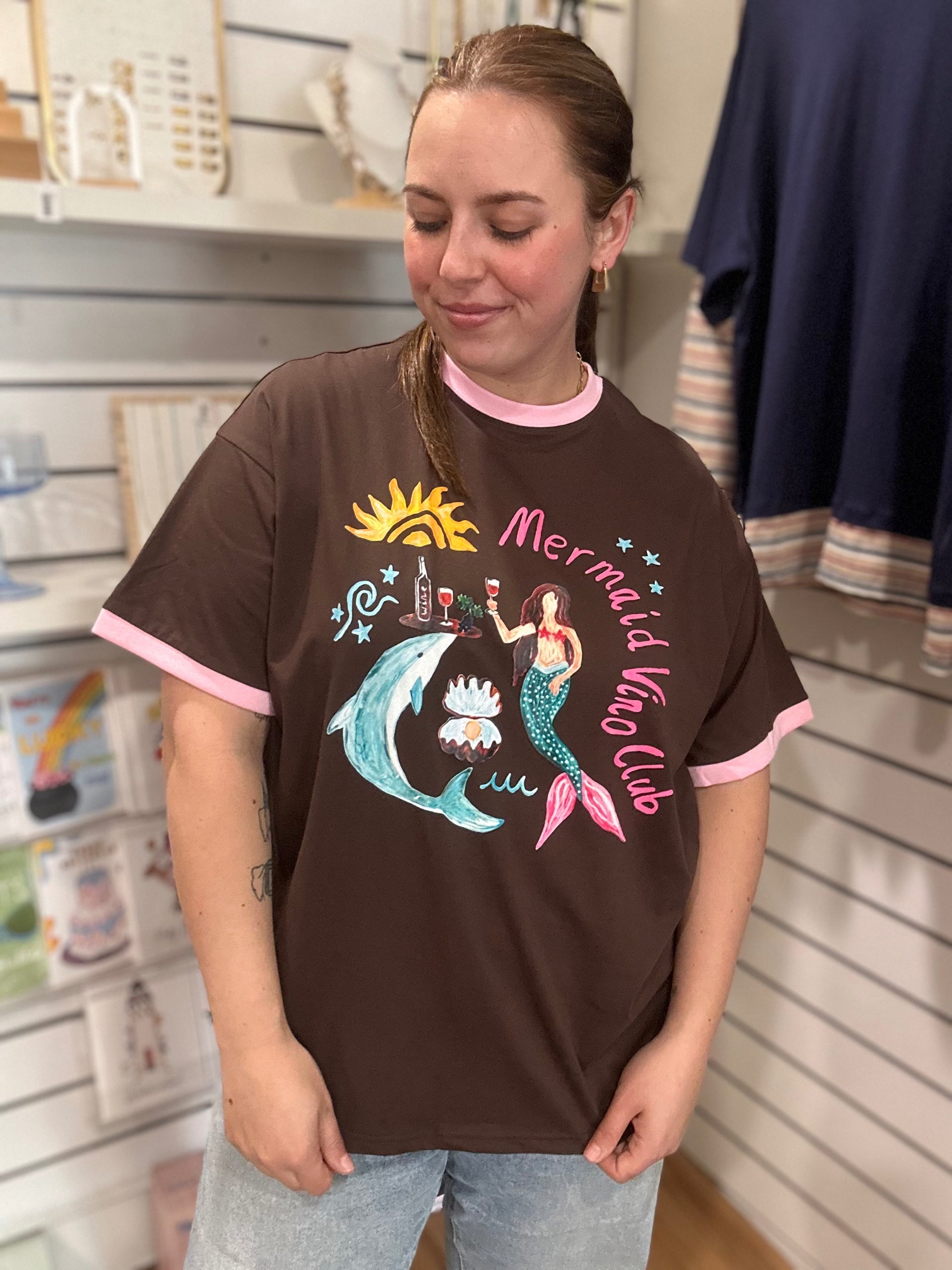 Mermaid Vino Club Graphic Tee in chocolate with hand-drawn mermaid print, front view