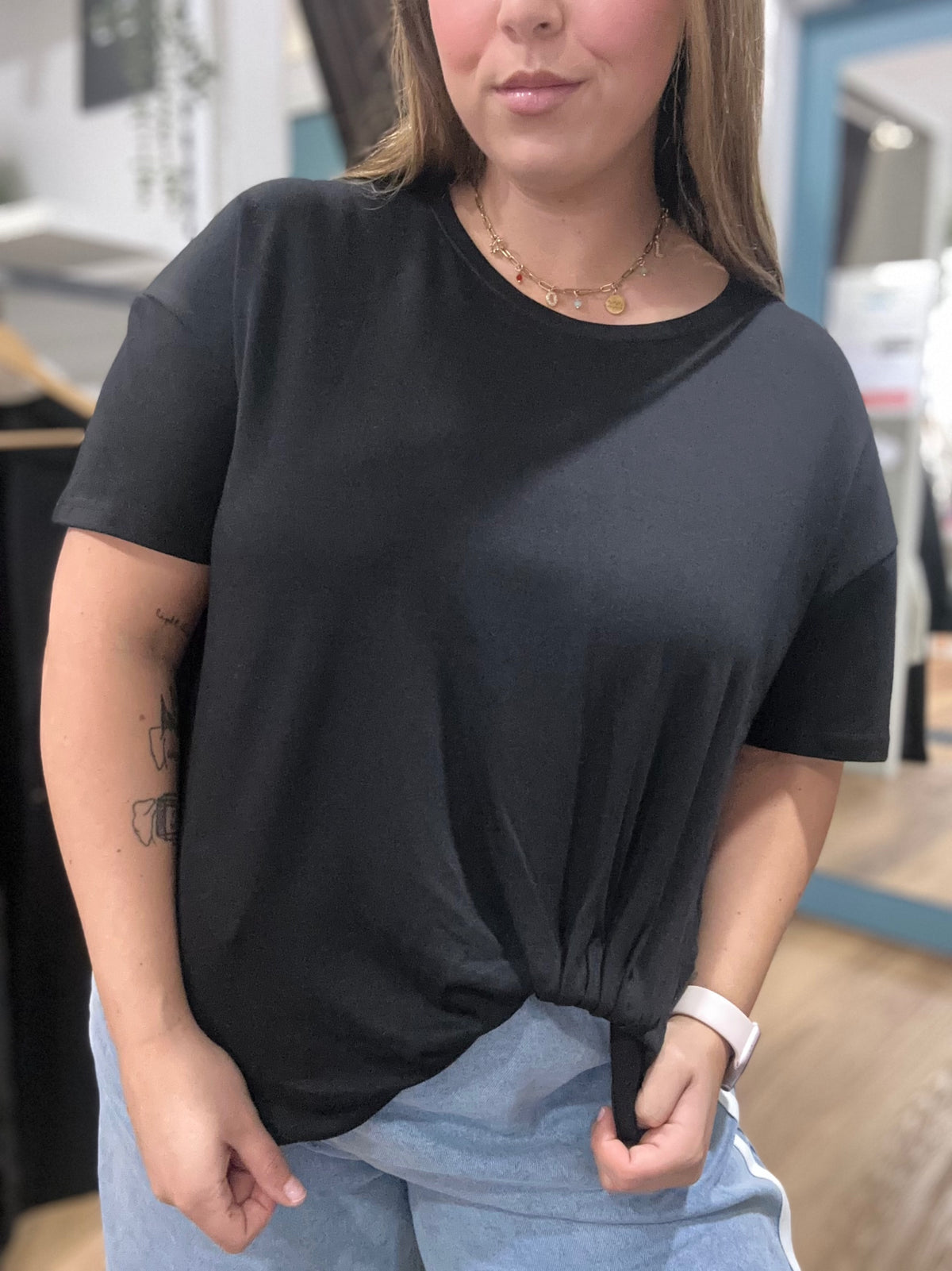 Easy Tuck Tee in Black, short sleeve tee with round neckline and tuck detail, image 2