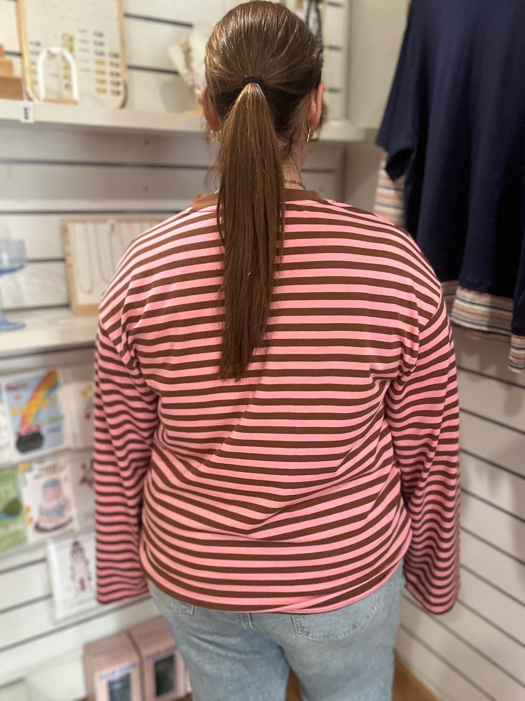 Mocha Stripe Top, back view showing oversized drop-shoulder fit