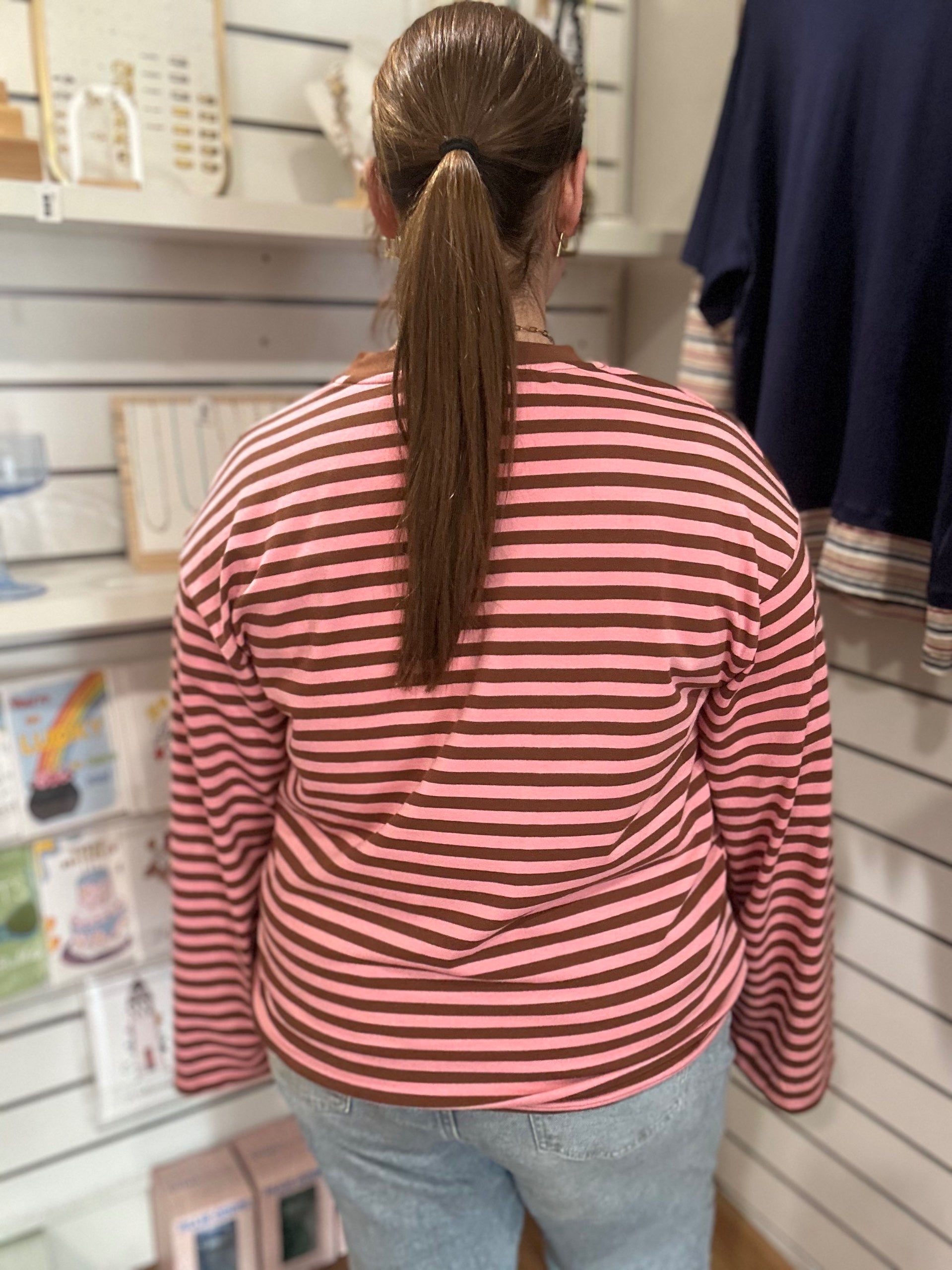 Mocha Stripe Top, back view showing oversized drop-shoulder fit