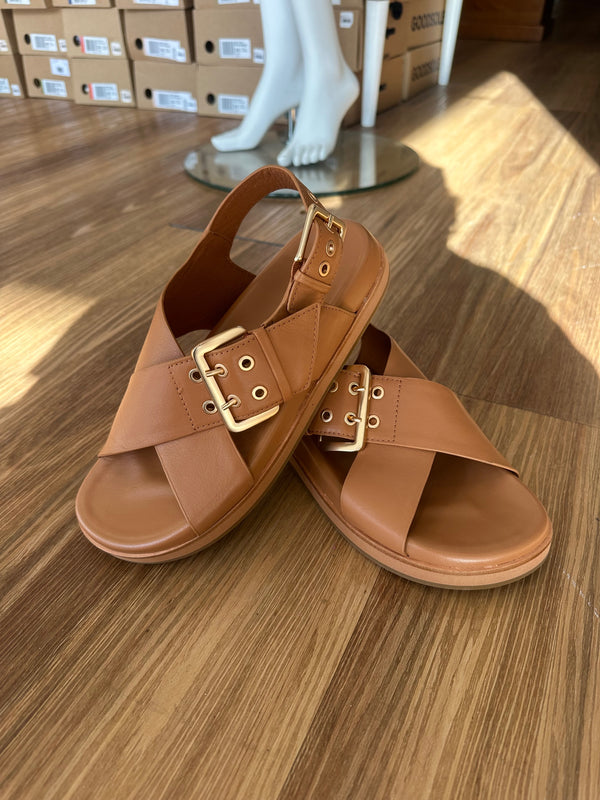 Luna Sole Sasha slingback sandal in coconut tan leather with crossover straps, oversized silver buckle and eyelet detail